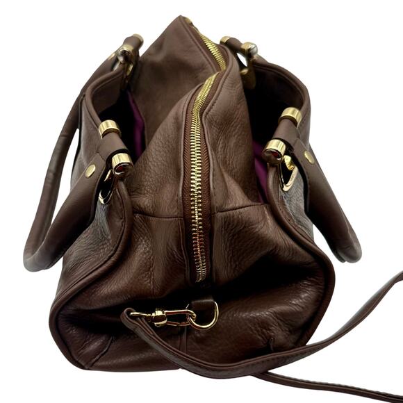 B. Makowsky Brown Glove Leather Satchel with Gold Hardware & Plum Lining - Picture 4 of 11